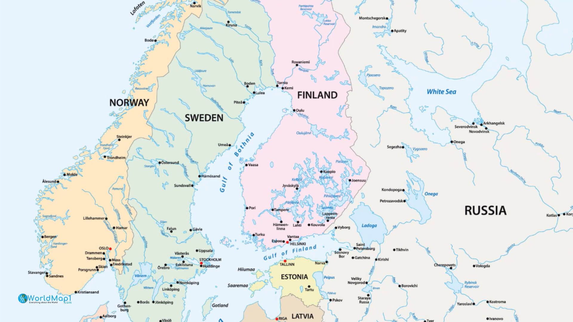 Carte des pays scandinaves et baltes avec la Russie